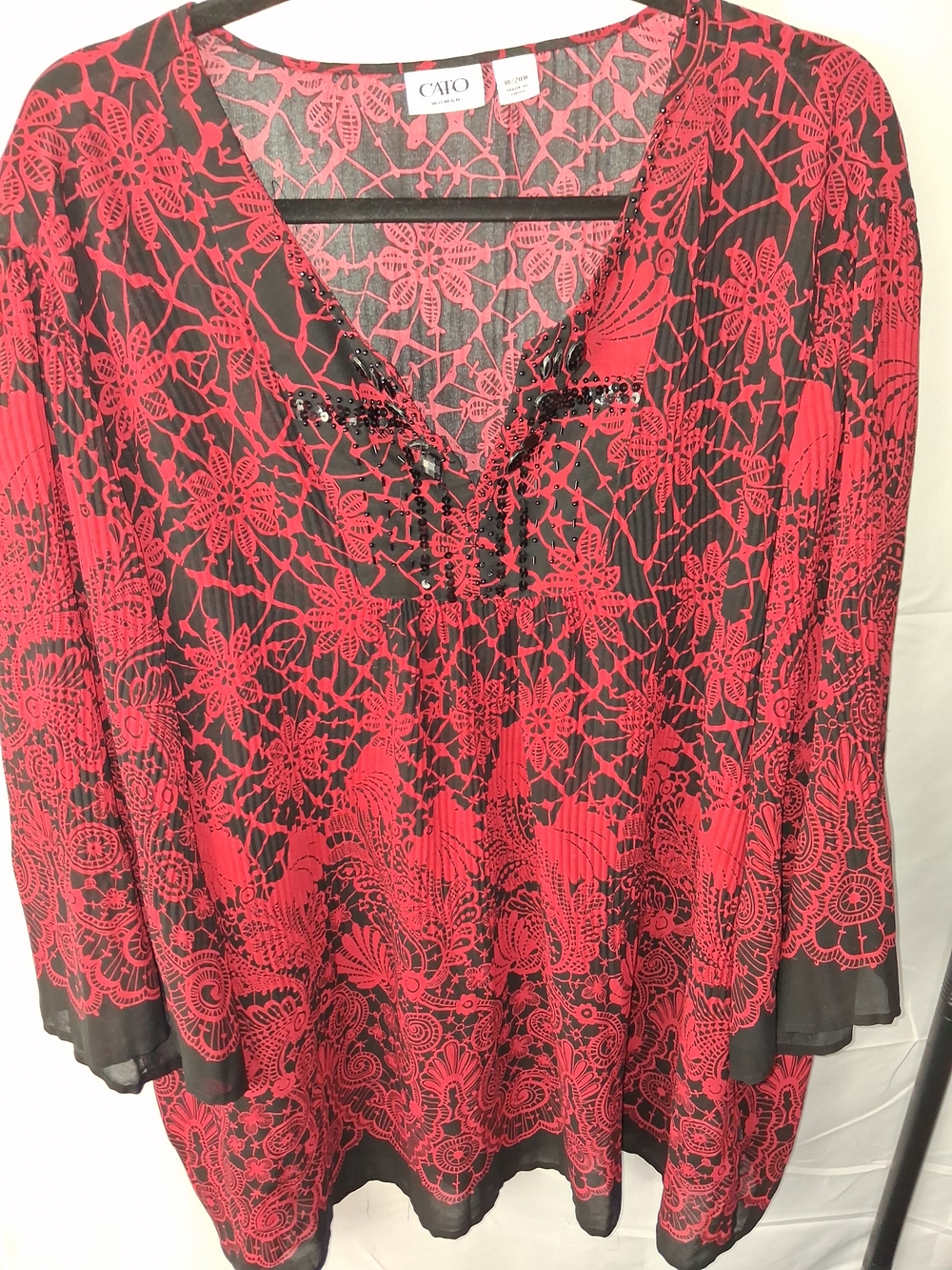 Cato Red Floral Lace-Print Women's Blouse